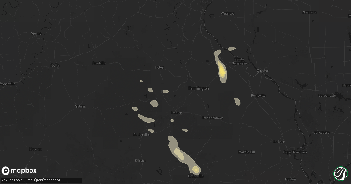 Hail map in Bismarck, MO on August 25, 2026