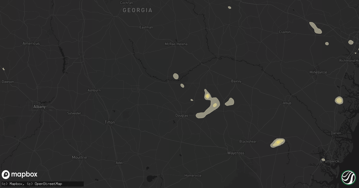 Hail map in Broxton, GA on August 25, 2026