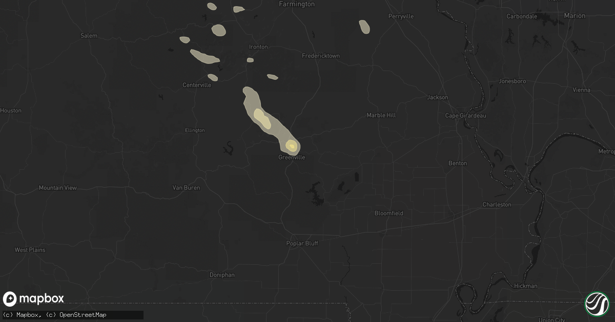 Hail map in Greenville, MO on August 25, 2026