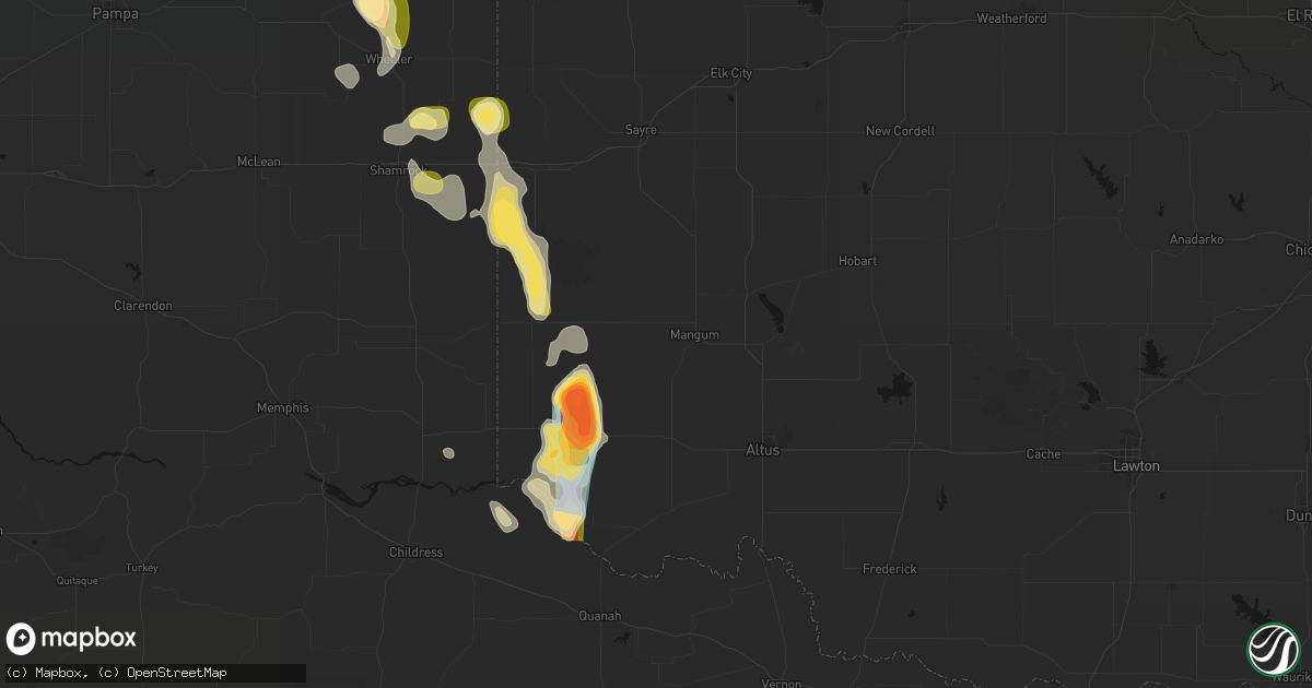 Hail map in Mangum, OK on August 25, 2026