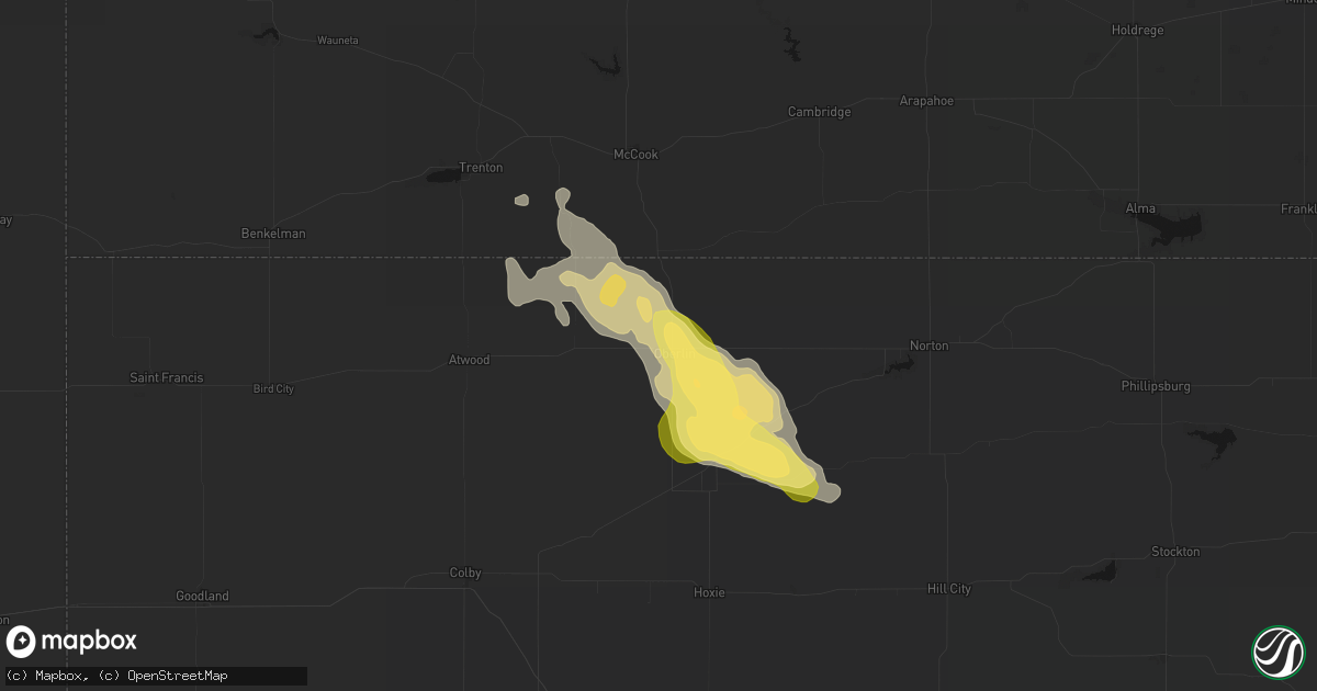 Hail map in Oberlin, KS on August 25, 2026