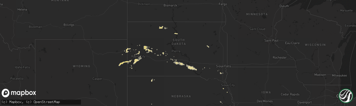 Hail map in South Dakota on August 26, 2015