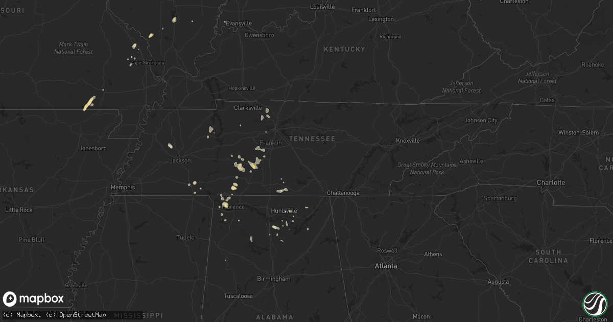 Hail map in Tennessee on August 26, 2016