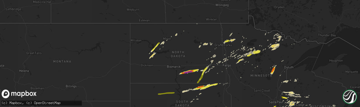 Hail map in North Dakota on August 26, 2018