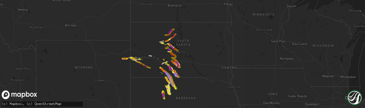 Hail map in South Dakota on August 26, 2020