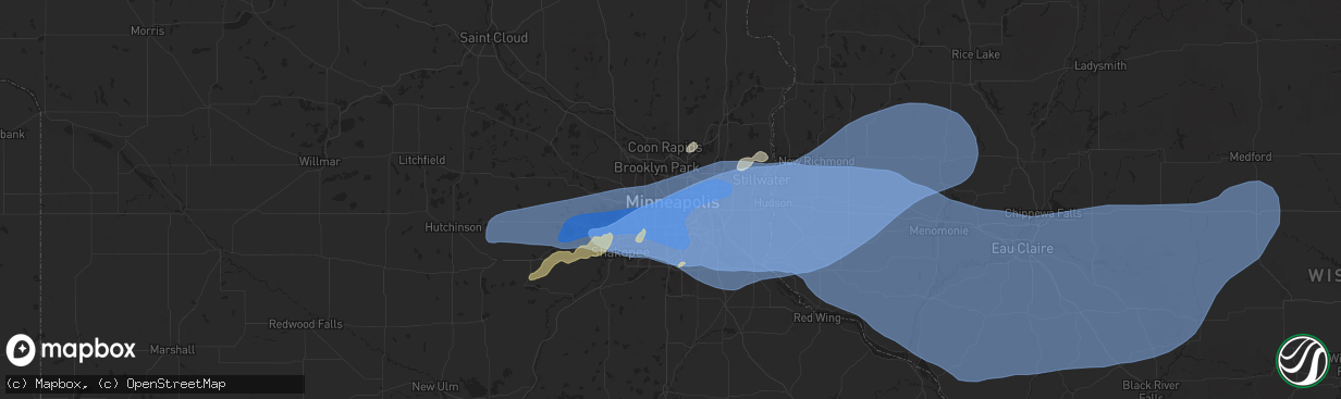 Hail map in Minneapolis, MN on August 26, 2024