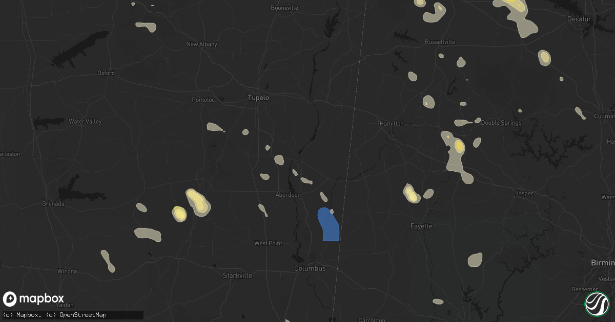 Hail map in Amory, MS on August 26, 2026
