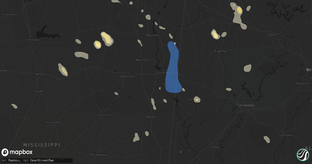 Hail map in Columbus, MS on August 26, 2026