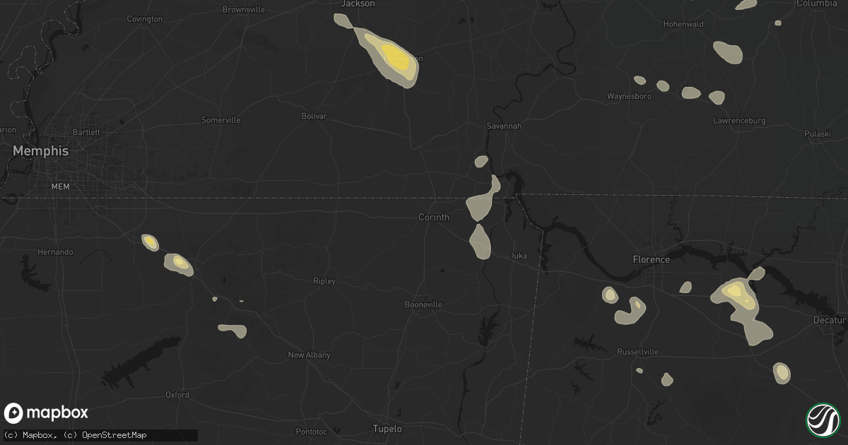 Hail map in Corinth, MS on August 26, 2026