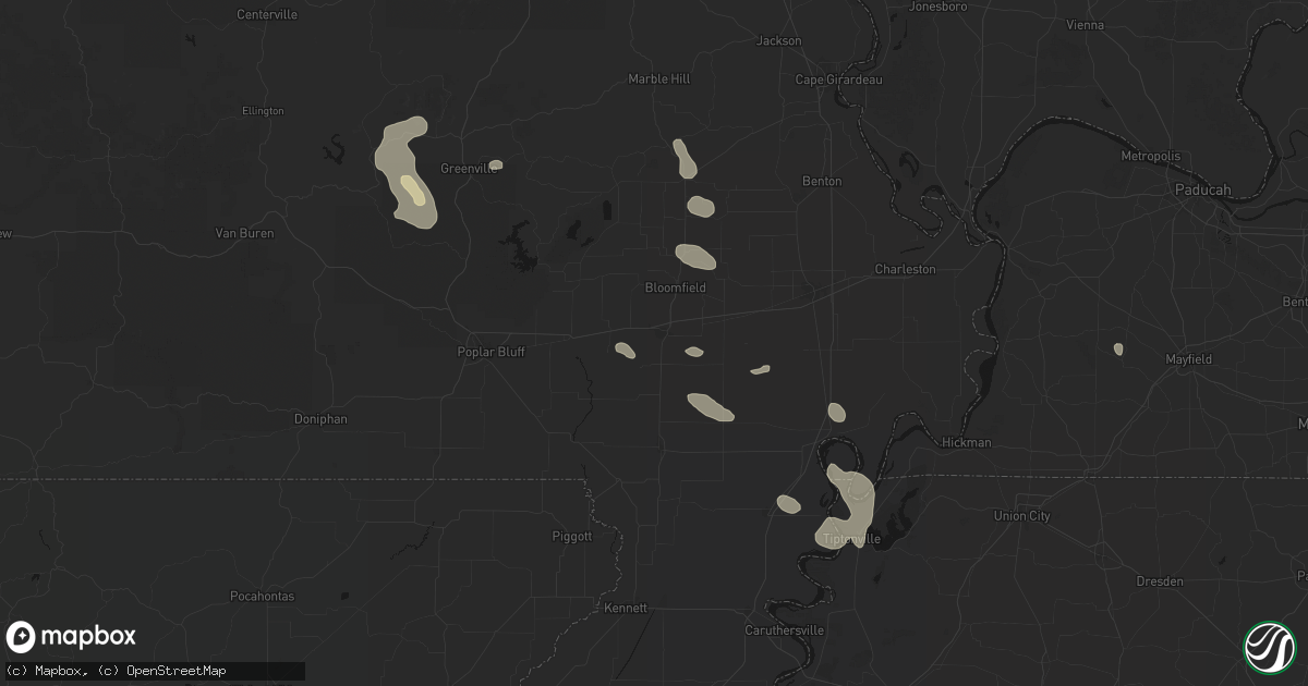 Hail map in Dexter, MO on August 26, 2026