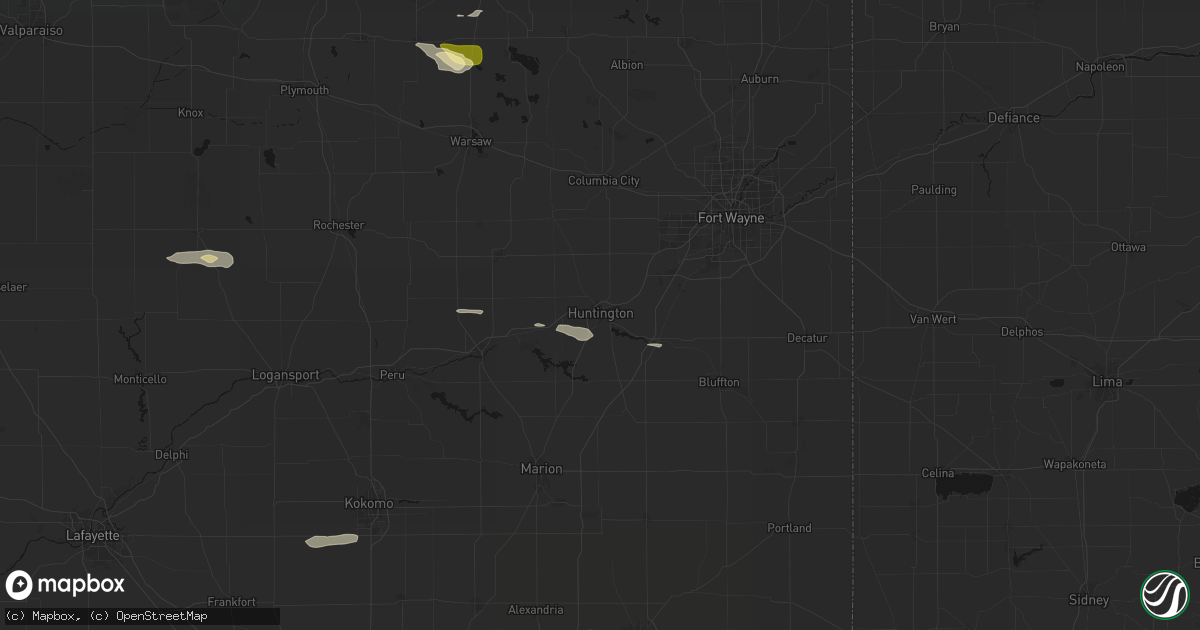 Hail map in Huntington, IN on August 26, 2026
