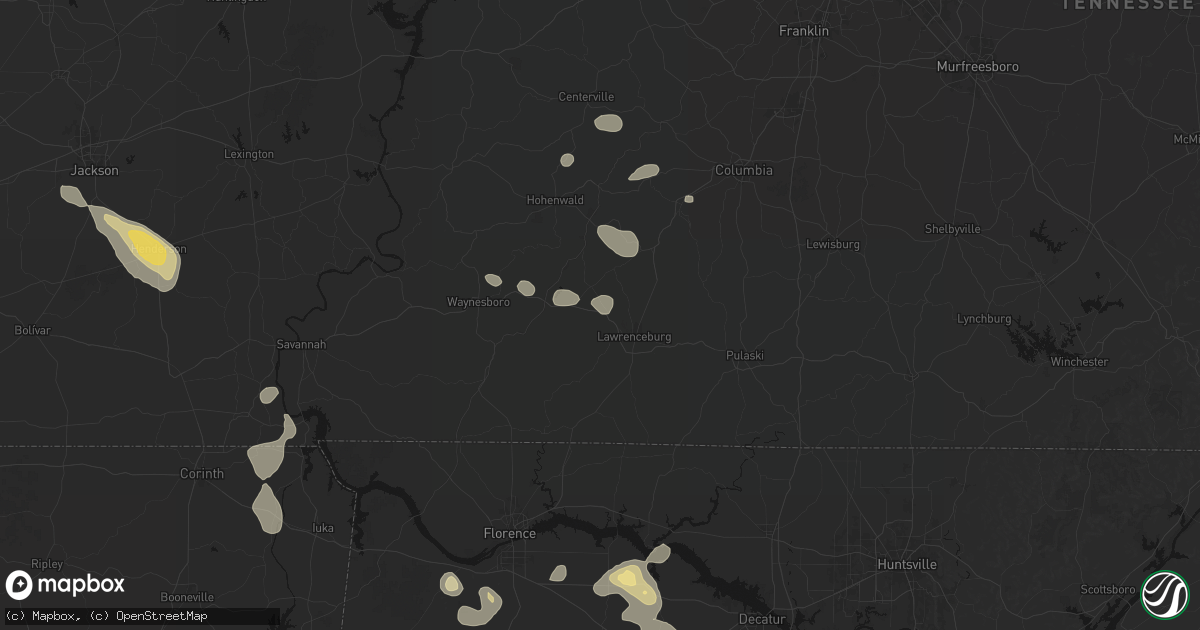 Hail map in Lawrenceburg, TN on August 26, 2026