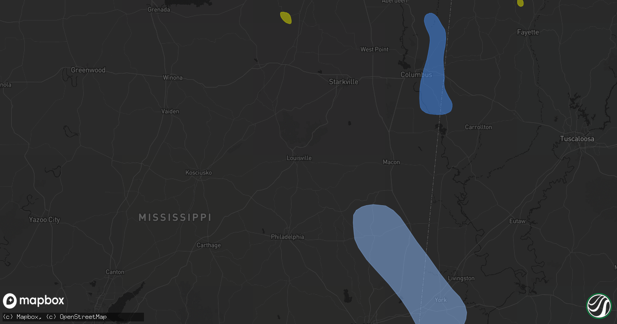 Hail map in Louisville, MS on August 26, 2026