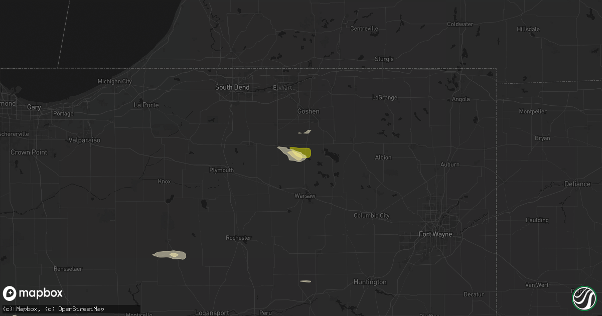 Hail map in Milford, IN on August 26, 2026