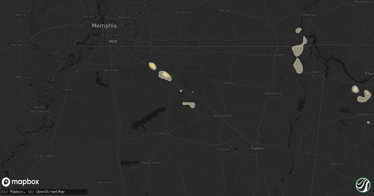 Hail map in Potts Camp, MS on August 26, 2026