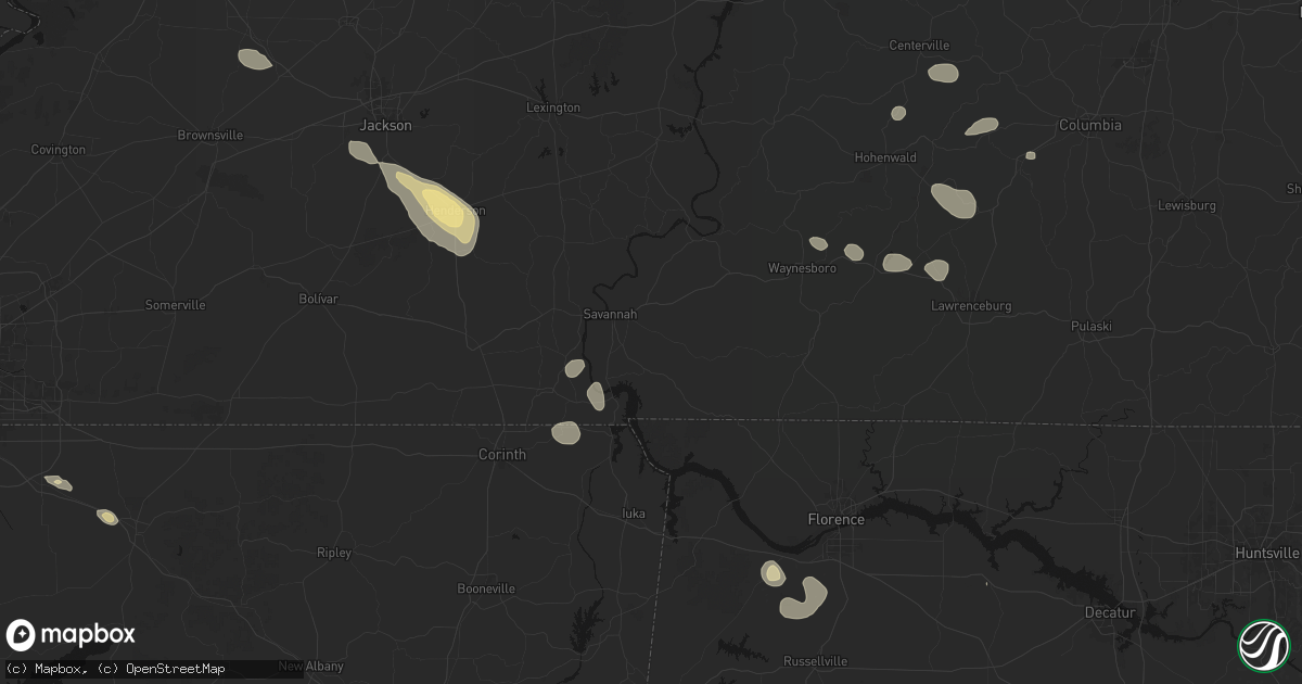 Hail map in Savannah, TN on August 26, 2026
