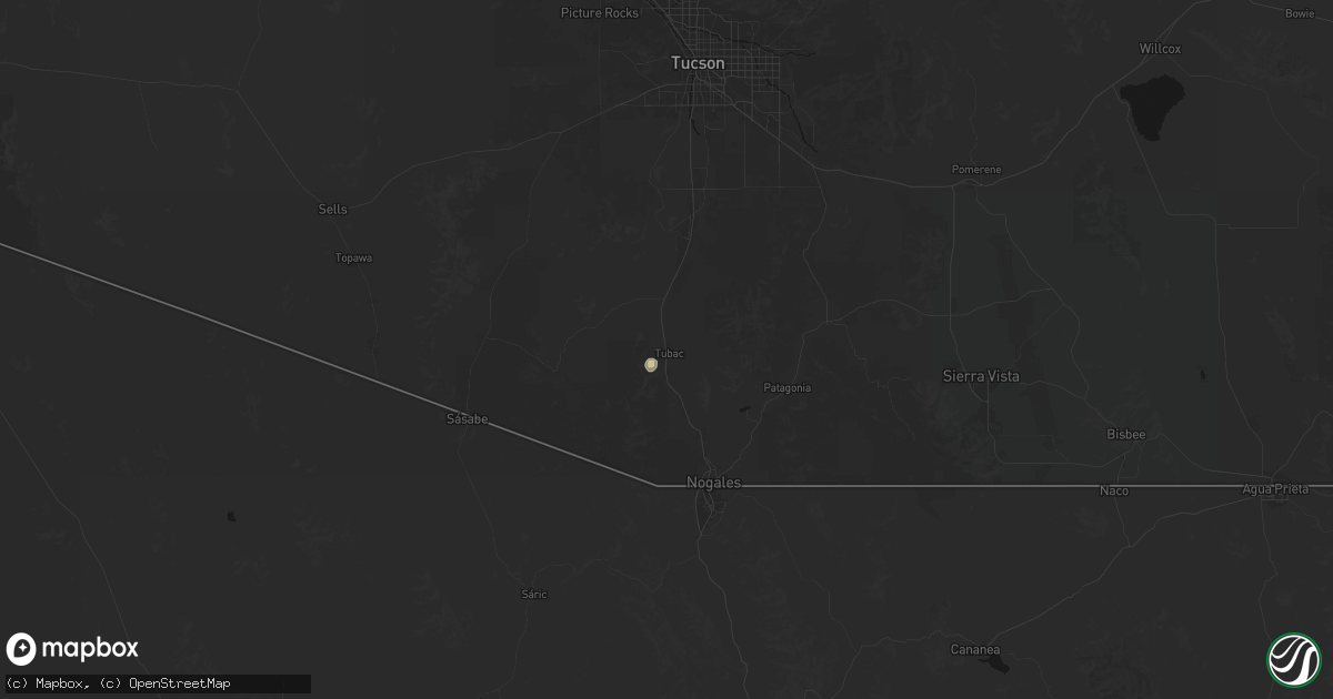Hail map in Tubac, AZ on August 26, 2026