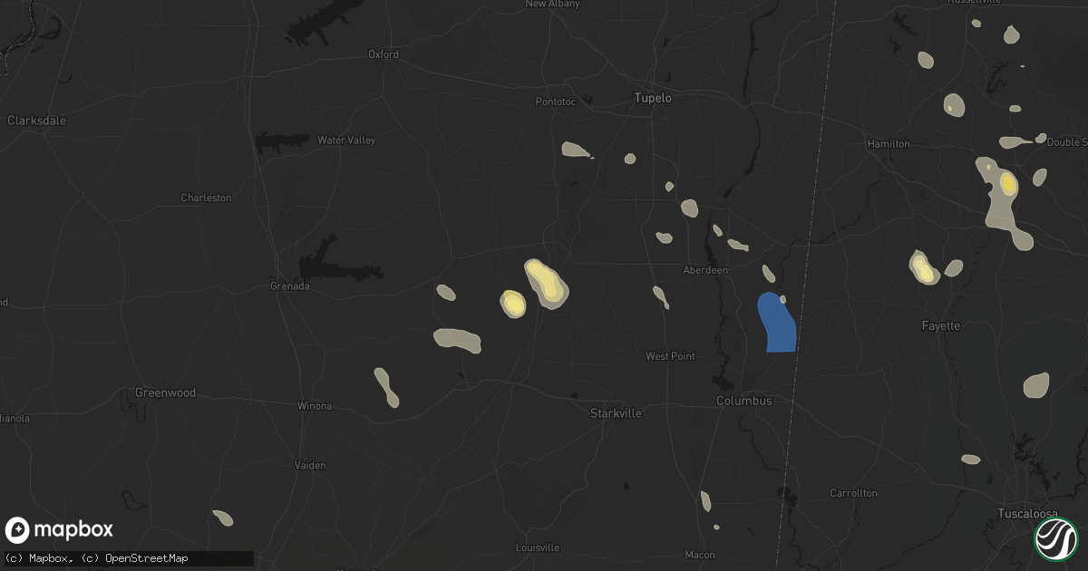 Hail map in Woodland, MS on August 26, 2026