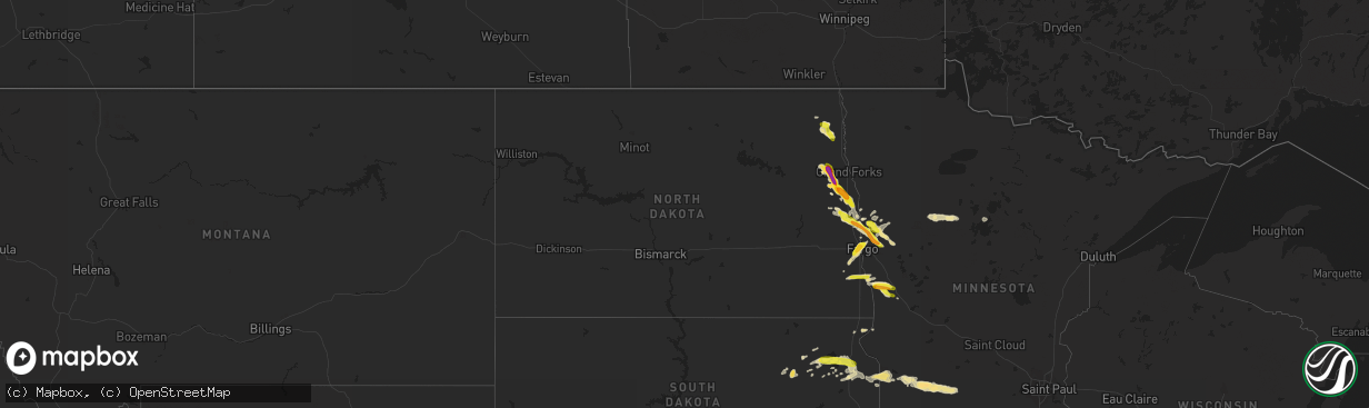 Hail map in North Dakota on August 27, 2016