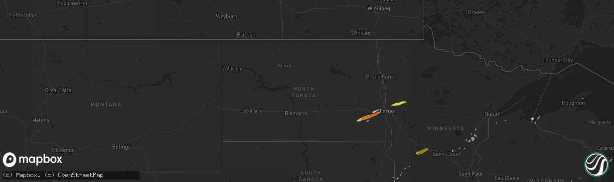 Hail map in North Dakota on August 27, 2018