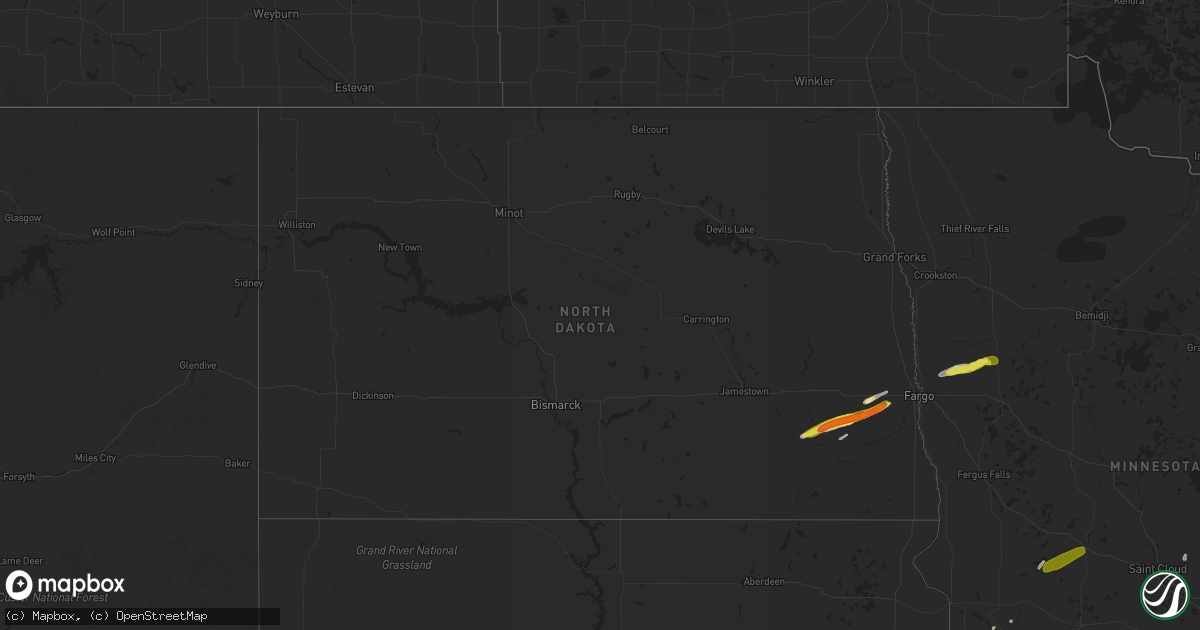 Hail map in North Dakota on August 27, 2018