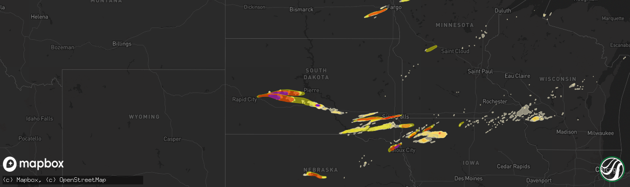 Hail map in South Dakota on August 27, 2018