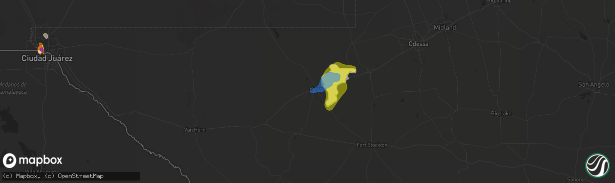 Hail map in Pecos, TX on August 27, 2019