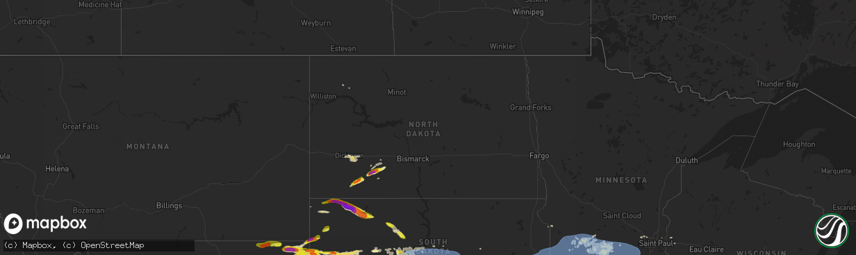 Hail map in North Dakota on August 27, 2020