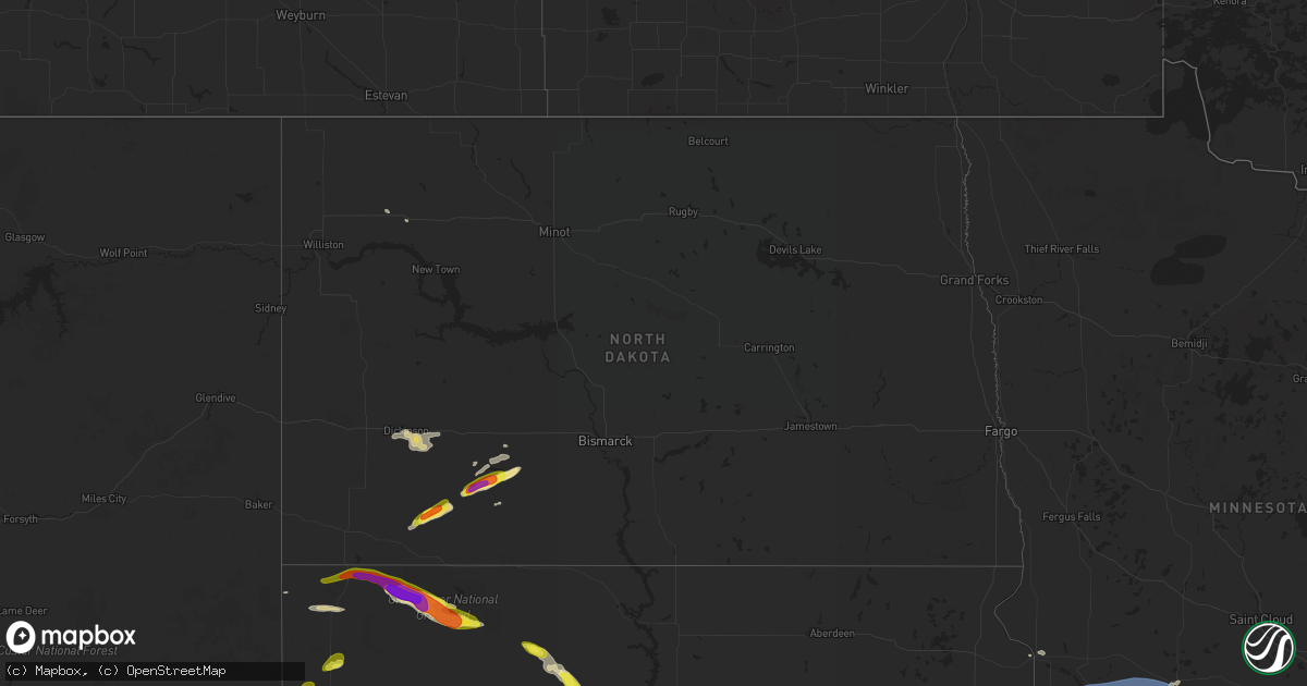 Hail map in North Dakota on August 27, 2020