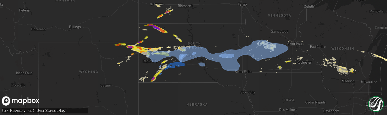 Hail map in South Dakota on August 27, 2020