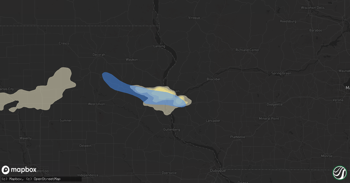 Hail map in Prairie Du Chien, WI on August 27, 2021
