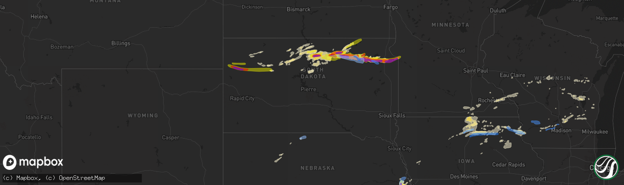 Hail map in South Dakota on August 27, 2021