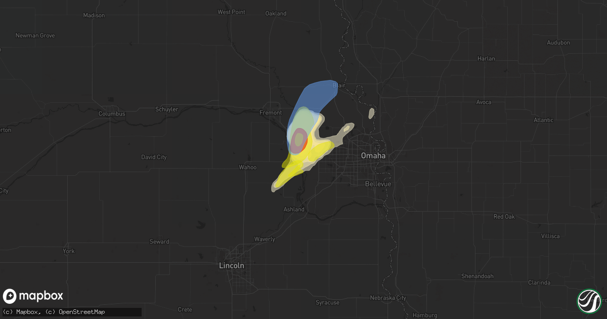 Hail map in Waterloo, NE on August 27, 2021