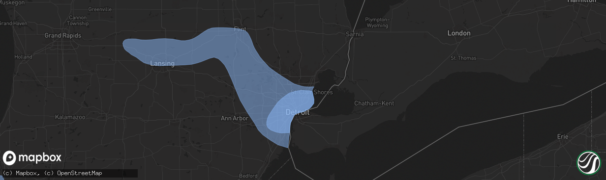 Hail map in Warren, MI on August 27, 2024