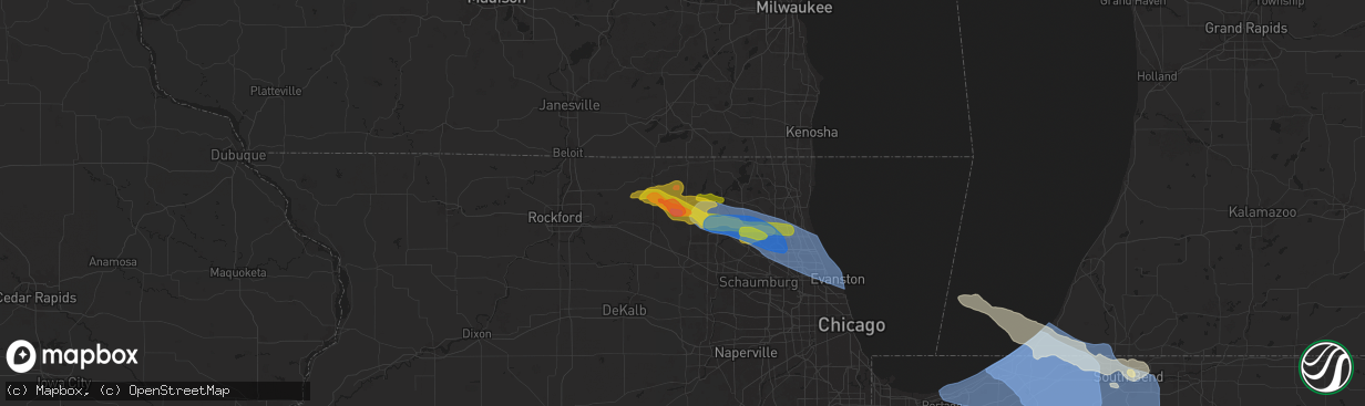 Hail map in Woodstock, IL on August 27, 2024