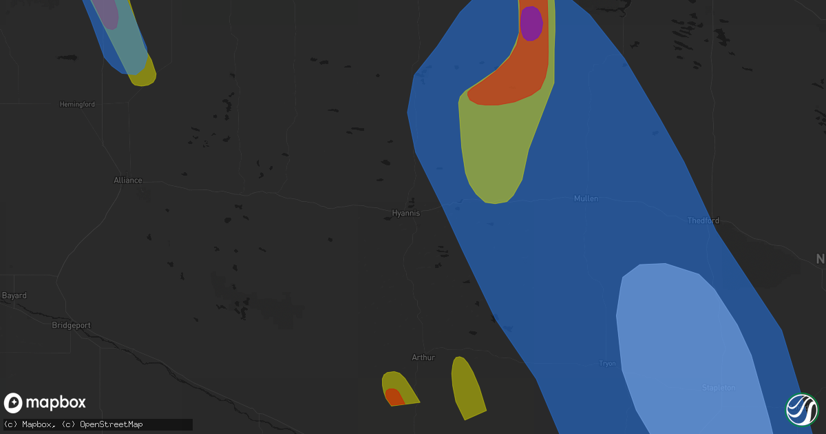 Hail map in Hyannis, NE on August 27, 2026