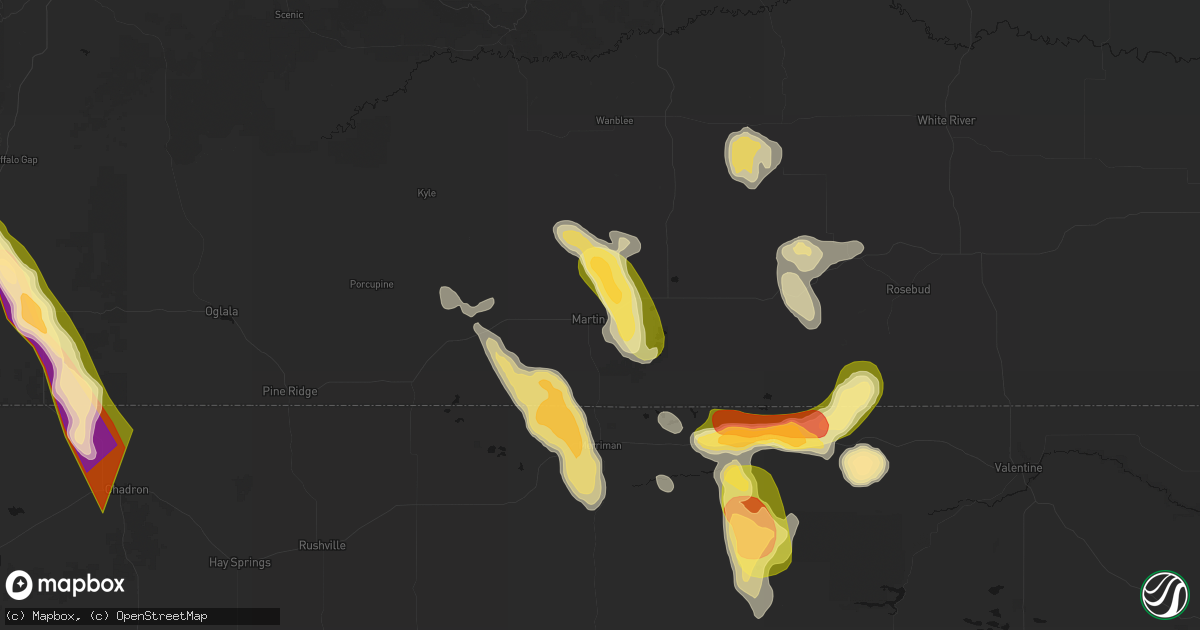 Hail map in Martin, SD on August 27, 2026