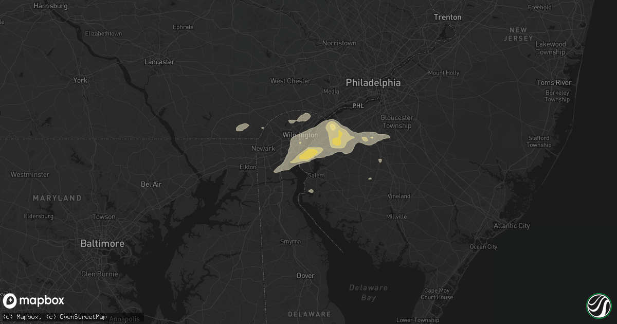 Hail map in Pennsville, NJ on August 27, 2026