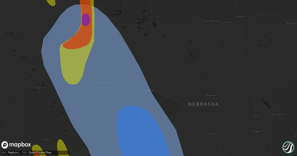 Hail map in Thedford, NE on August 27, 2026