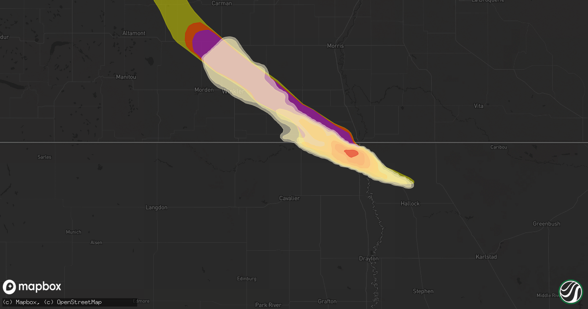 Hail map in Neche, ND on August 28, 2015