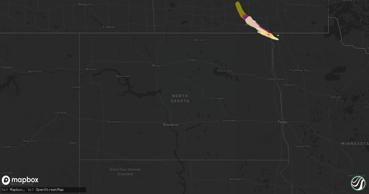 Hail map in North Dakota on August 28, 2015