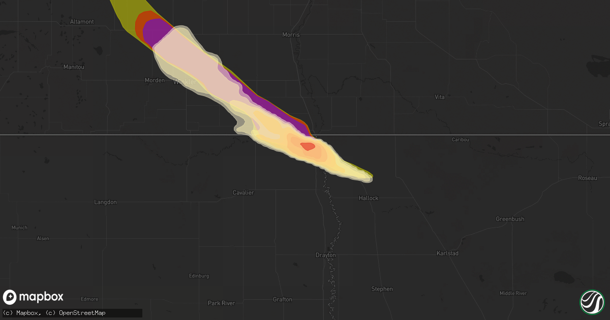 Hail map in Pembina, ND on August 28, 2015