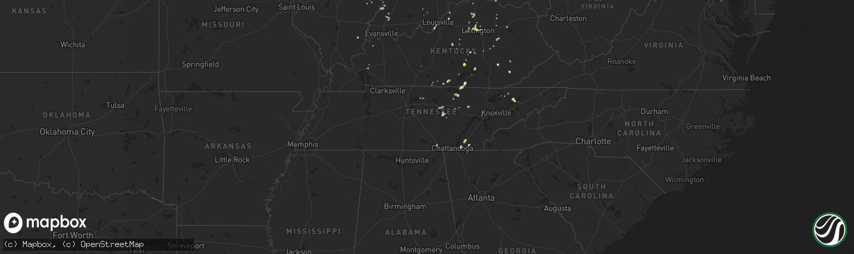 Hail map in Tennessee on August 28, 2016