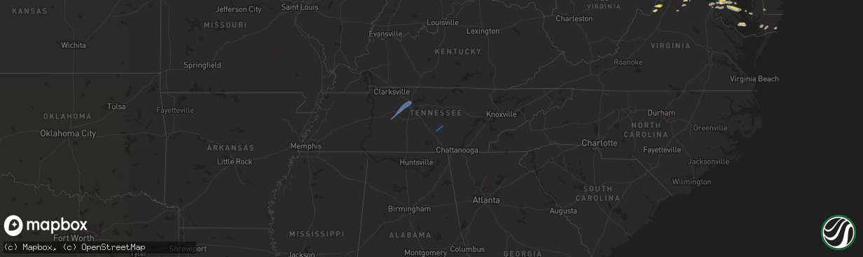 Hail map in Tennessee on August 28, 2020