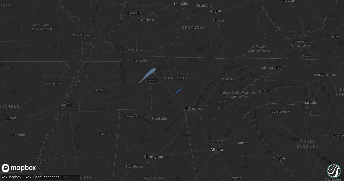 Hail map in Tennessee on August 28, 2020