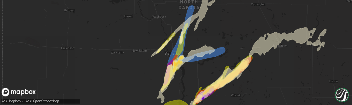 Hail map in Bismarck, ND on August 28, 2024