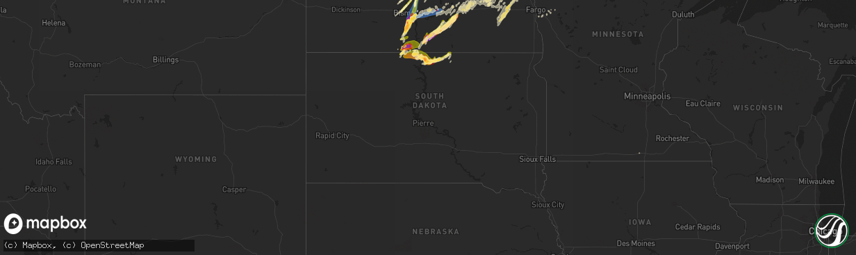 Hail map in South Dakota on August 28, 2024