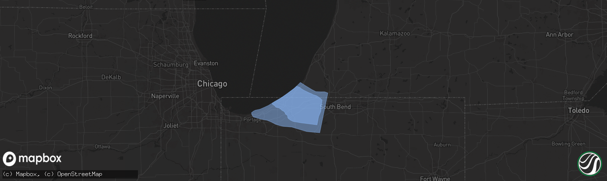 Hail map in Three Oaks, MI on August 28, 2024