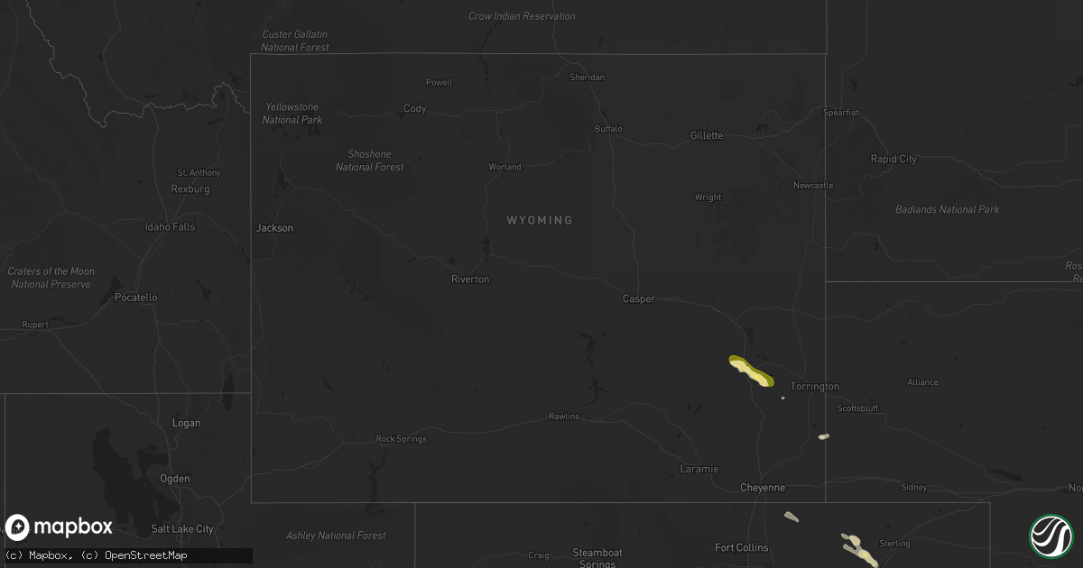 Hail map in Wyoming on August 28, 2025