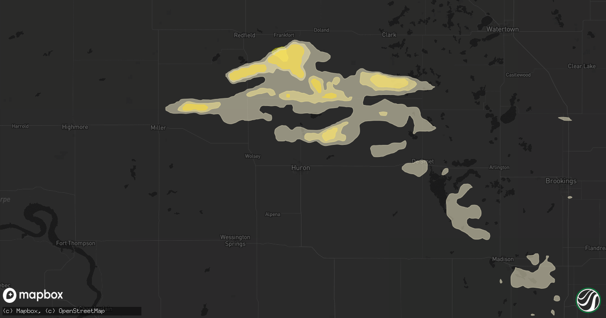 Hail map in Huron, SD on August 28, 2026